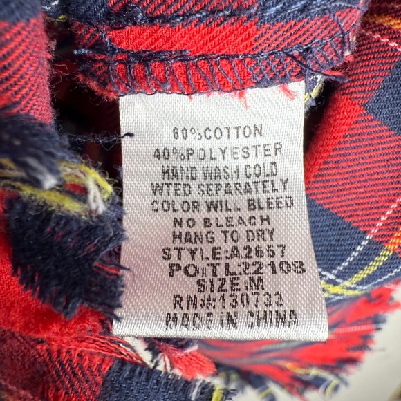 UMGEE Red Navy Yellow Plaid Frayed Hem Long Sleeve Button Up Shirt Women Sz M - Picture 7 of 8